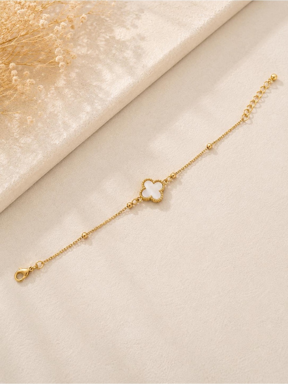 Gold Clover Pendant Bracelet with White Inlay - Women's Jewelry